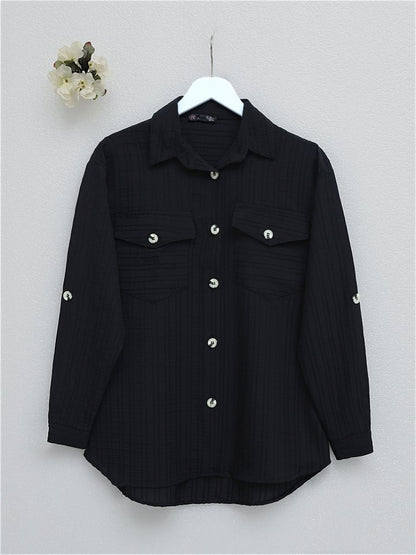 Cepleri Kapaklı Fitilli Ve Düğmeli Gömlek  -Siyah