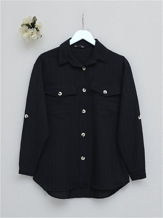Cepleri Kapaklı Fitilli Ve Düğmeli Gömlek  -Siyah