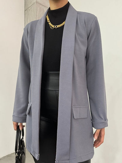 Yakası Ve Kolu Katlamalı Cep Detaylı Krep  Ceket -Gri