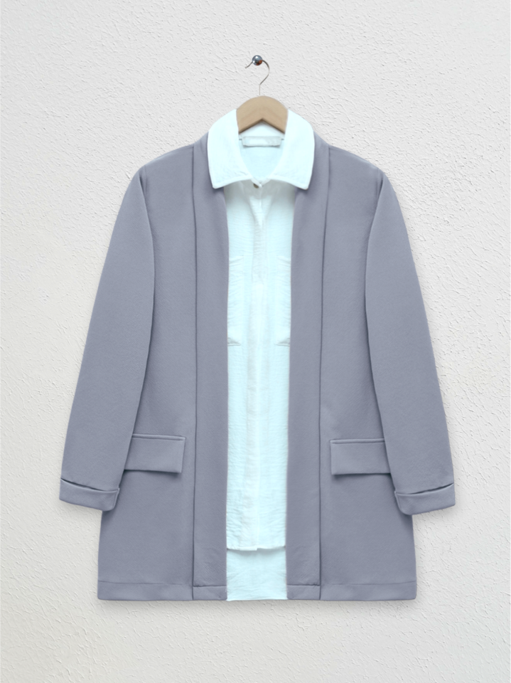 Yakası Ve Kolu Katlamalı Cep Detaylı Krep  Ceket -Gri