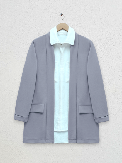 Yakası Ve Kolu Katlamalı Cep Detaylı Krep  Ceket -Gri