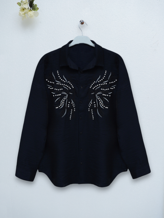 Taş Ve Nakış İşlemeli Keten Gömlek -Siyah
