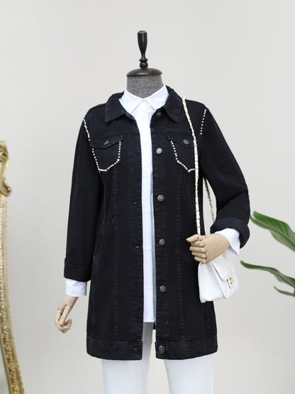 Cebi Ve Omuzları İncili Random Yıkama Kot Ceket -Siyah