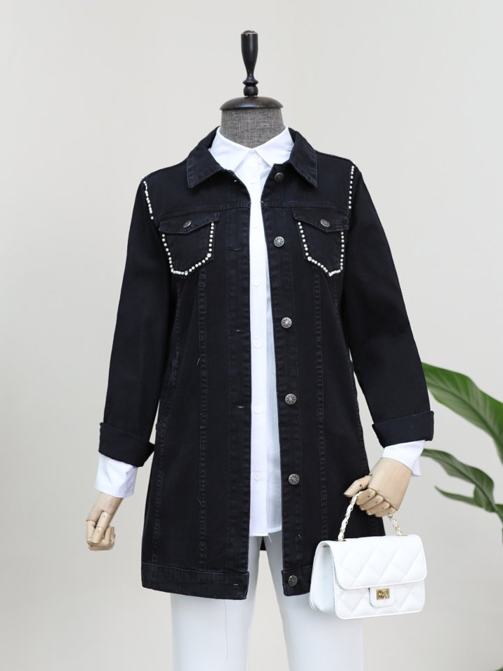 Cebi Ve Omuzları İncili Random Yıkama Kot Ceket -Siyah