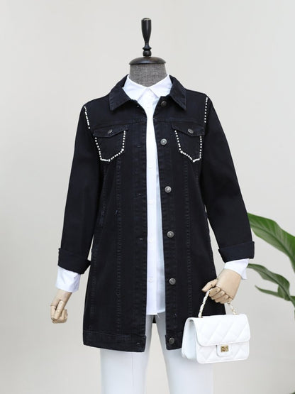 Cebi Ve Omuzları İncili Random Yıkama Kot Ceket -Siyah