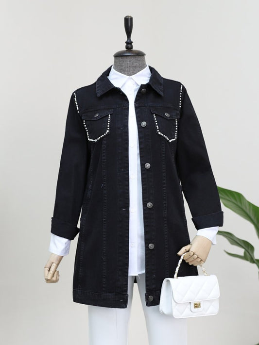 Cebi Ve Omuzları İncili Random Yıkama Kot Ceket -Siyah