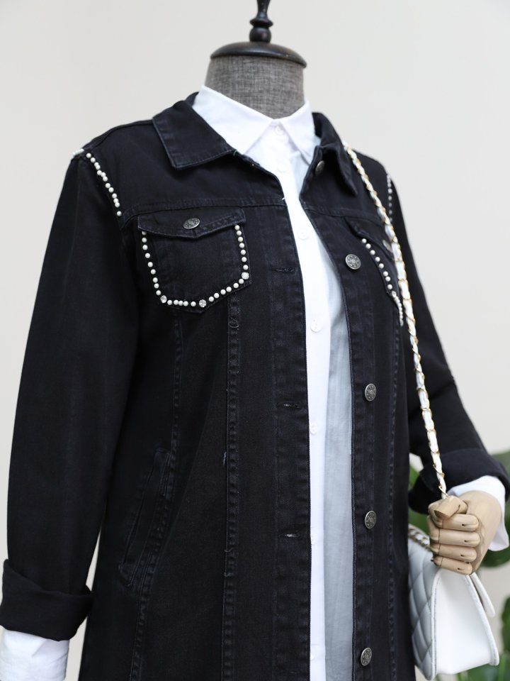 Cebi Ve Omuzları İncili Random Yıkama Kot Ceket -Siyah