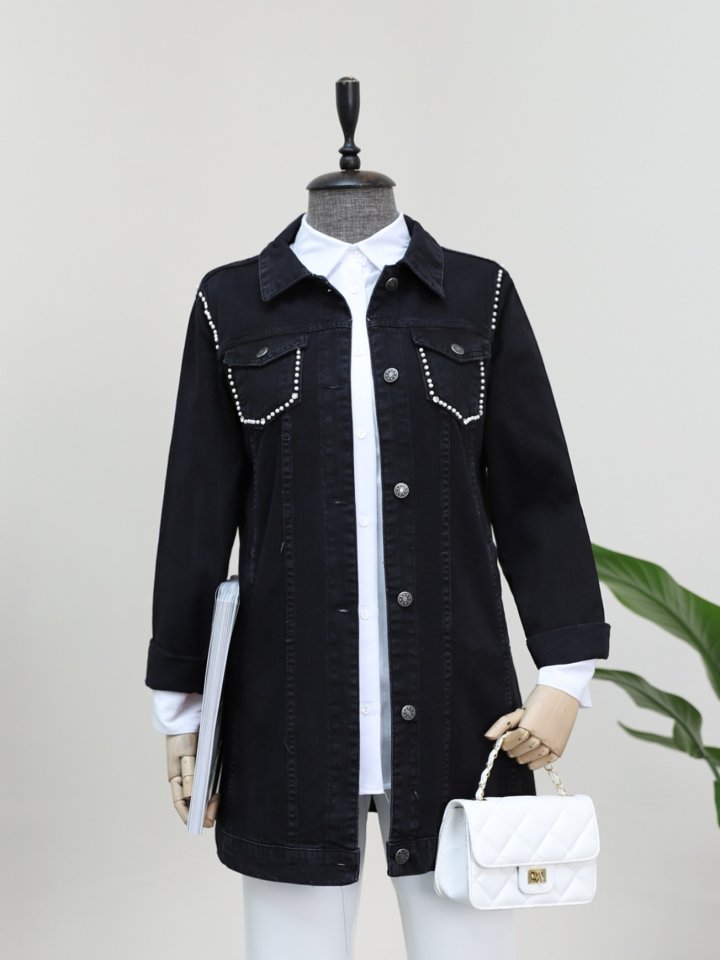 Cebi Ve Omuzları İncili Random Yıkama Kot Ceket -Siyah