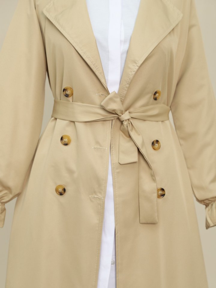 Çift Düğmeli Manşeti Lastikli Belden Bağlamalı Trençkot -Açık Vizon