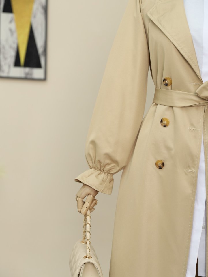 Çift Düğmeli Manşeti Lastikli Belden Bağlamalı Trençkot -Açık Vizon