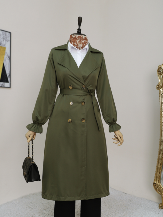 Çift Düğmeli Manşeti Lastikli Belden Bağlamalı Trençkot -Haki