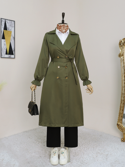 Çift Düğmeli Manşeti Lastikli Belden Bağlamalı Trençkot -Haki