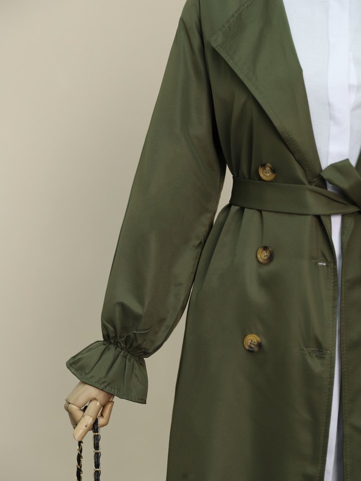 Çift Düğmeli Manşeti Lastikli Belden Bağlamalı Trençkot -Haki