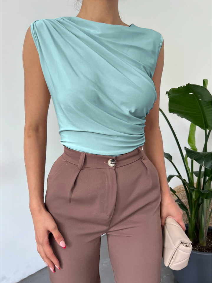 Bisiklet Yaka Sıfır Kol Sandy Bluz  -Mint