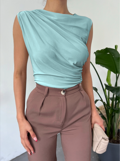 Bisiklet Yaka Sıfır Kol Sandy Bluz  -Mint