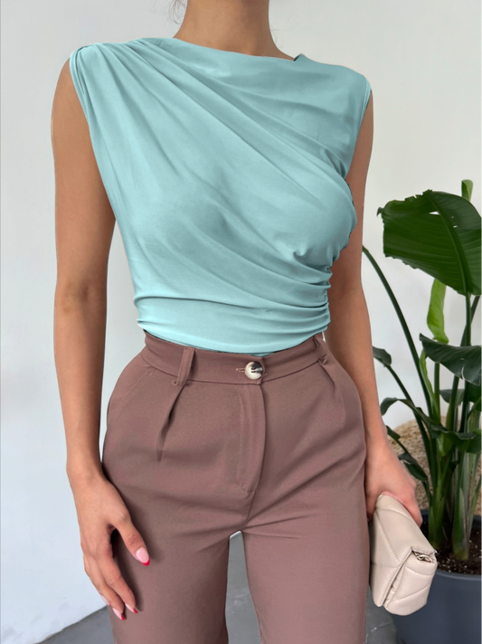 Bisiklet Yaka Sıfır Kol Sandy Bluz  -Mint