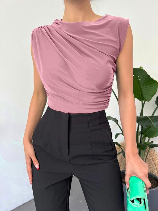 Bisiklet Yaka Sıfır Kol Sandy Bluz  -Pudra