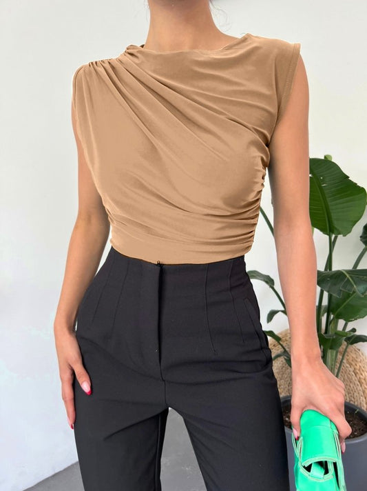 Bisiklet Yaka Sıfır Kol Sandy Bluz  -Vizon