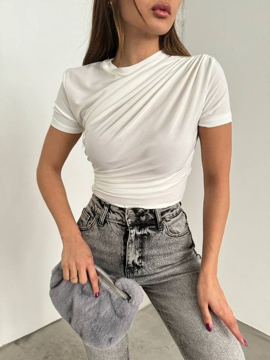 Çapraz Büzgülü Kısa Kol Sandy Bluz -Beyaz