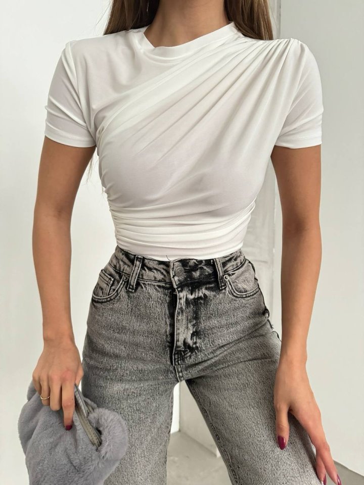 Çapraz Büzgülü Kısa Kol Sandy Bluz -Beyaz