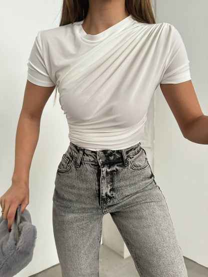 Çapraz Büzgülü Kısa Kol Sandy Bluz -Beyaz