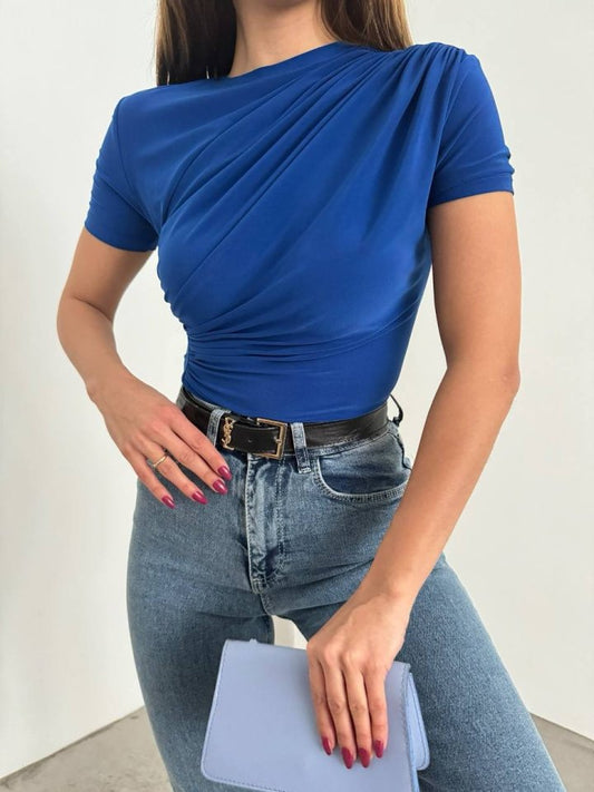 Çapraz Büzgülü Kısa Kol Sandy Bluz -Saks