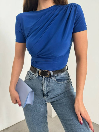 Çapraz Büzgülü Kısa Kol Sandy Bluz -Saks