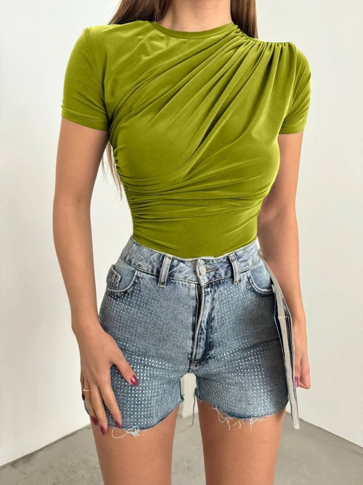 Çapraz Büzgülü Kısa Kol Sandy Bluz -Yağ Yeşili