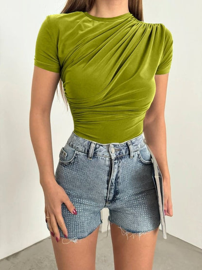 Çapraz Büzgülü Kısa Kol Sandy Bluz -Yağ Yeşili
