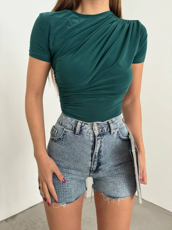 Çapraz Büzgülü Kısa Kol Sandy Bluz -Zümrüt