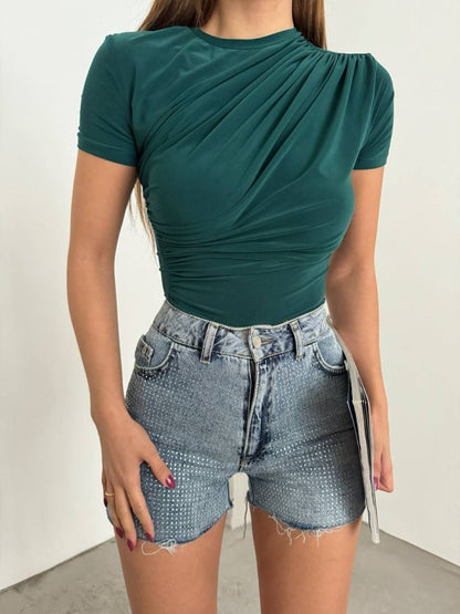 Çapraz Büzgülü Kısa Kol Sandy Bluz -Zümrüt
