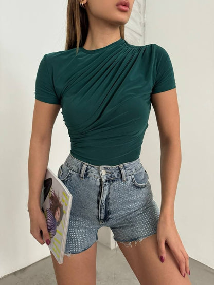 Çapraz Büzgülü Kısa Kol Sandy Bluz -Zümrüt