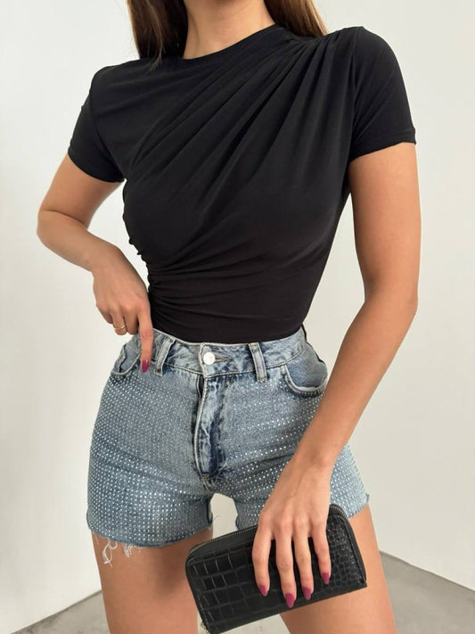 Çapraz Büzgülü Kısa Kol Sandy Bluz  -Siyah