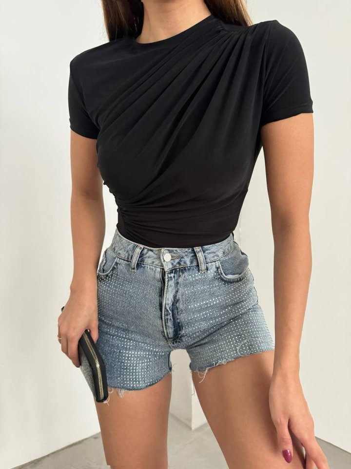 Çapraz Büzgülü Kısa Kol Sandy Bluz  -Siyah