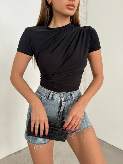 Çapraz Büzgülü Kısa Kol Sandy Bluz  -Siyah