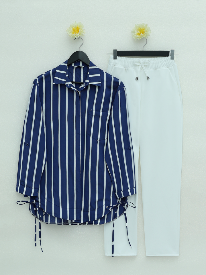 Yandan Bağlamalı Cepli Çizgili Gömlek -Laci