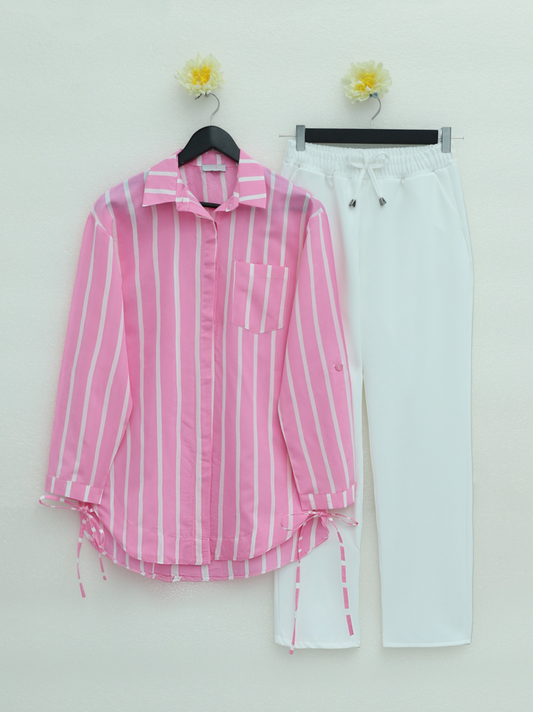 Yandan Bağlamalı Cepli Çizgili Gömlek -Pembe