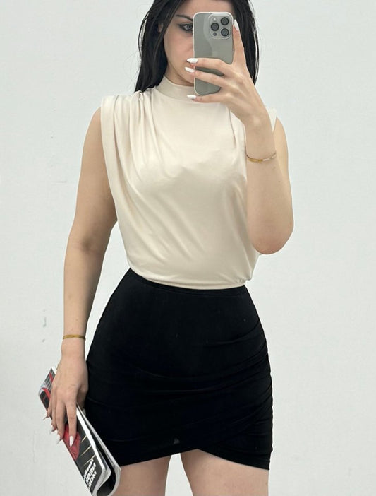 Sıfır Kol Vatkalı Sandy Bluz -Bej