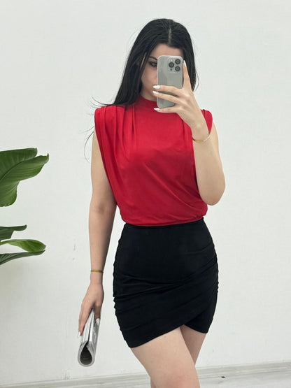 Sıfır Kol Vatkalı Sandy Bluz -Kırmızı