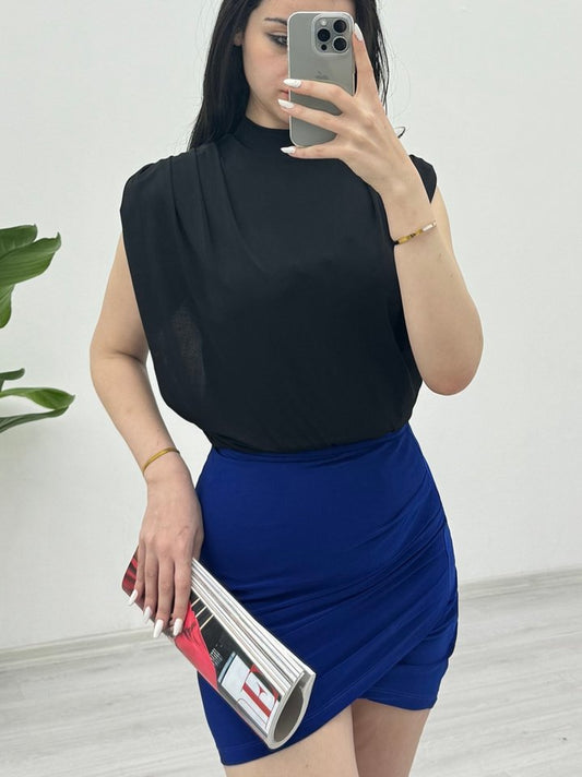 Sıfır Kol Vatkalı Sandy Bluz -Siyah