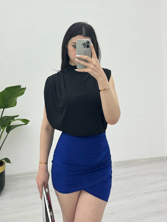 Sıfır Kol Vatkalı Sandy Bluz -Siyah