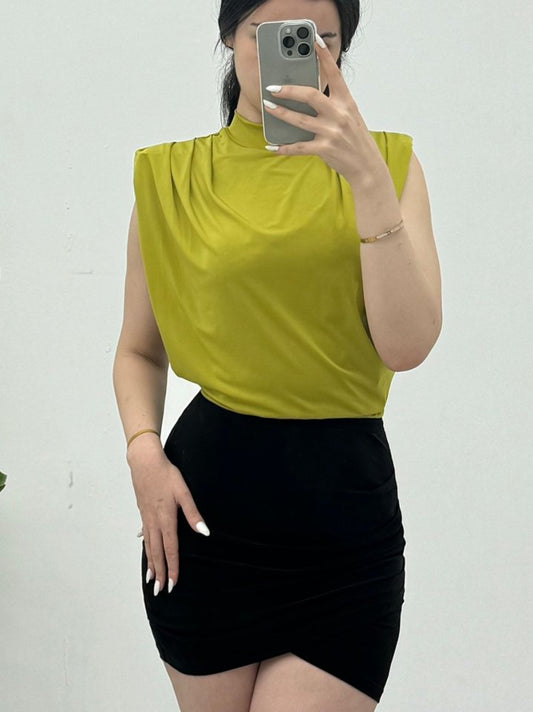 Sıfır Kol Vatkalı Sandy Bluz -Yağ Yeşili