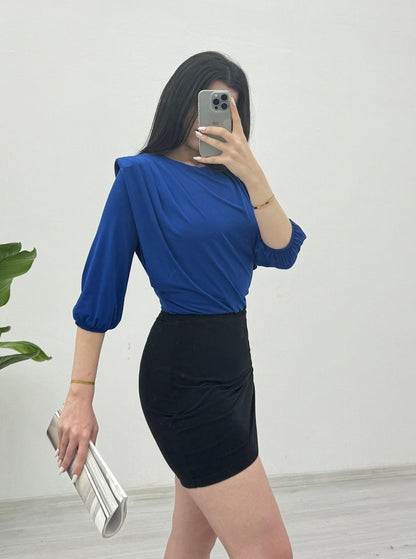 İçi Tulumlu Omuzdan Büzgülü Vatkalı Sendy Bluz -Saks