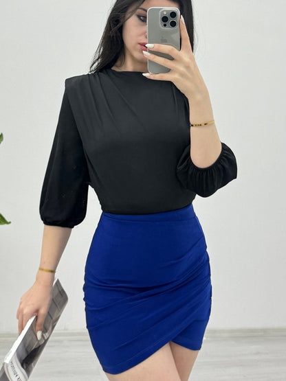 İçi Tulumlu Omuzdan Büzgülü Vatkalı Sendy Bluz -Siyah