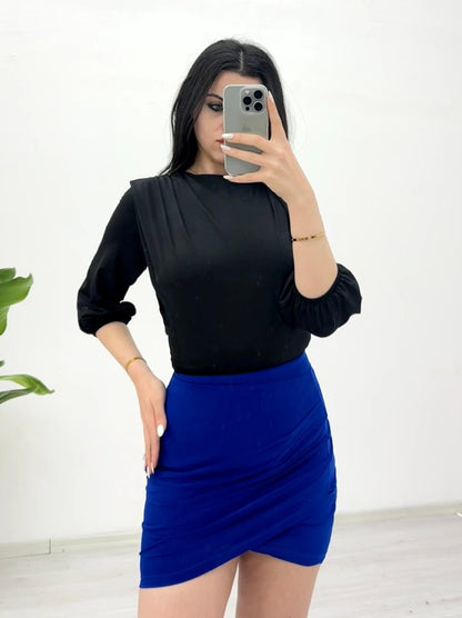 İçi Tulumlu Omuzdan Büzgülü Vatkalı Sendy Bluz -Siyah