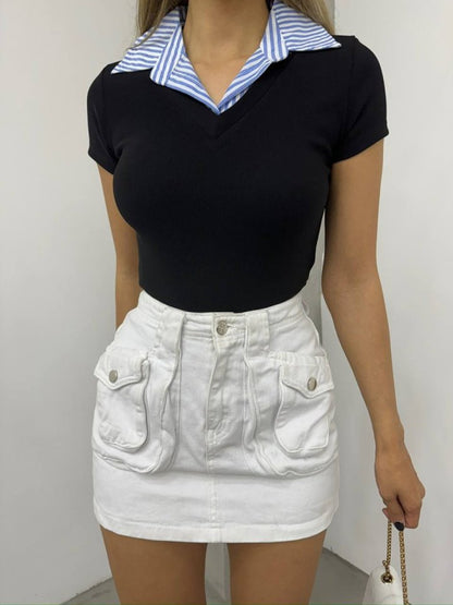 Yakalı Ottoman Yakalı Bluz -Siyah