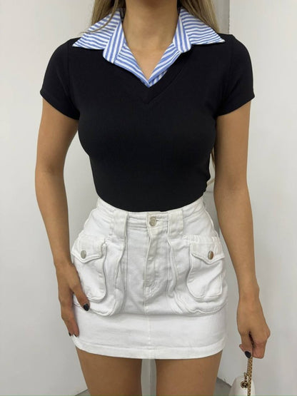 Yakalı Ottoman Yakalı Bluz -Siyah