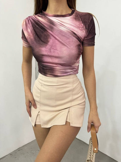 Bel Omuz Büzgülü Batik Baskı Sendy Bluz -G.Kurusu