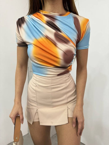 Bel Omuz Büzgülü Batik Baskı Sendy Bluz -Kayısı Rengi