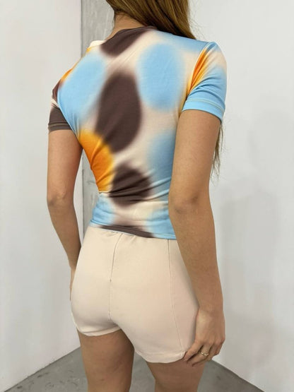 Bel Omuz Büzgülü Batik Baskı Sendy Bluz -Kayısı Rengi